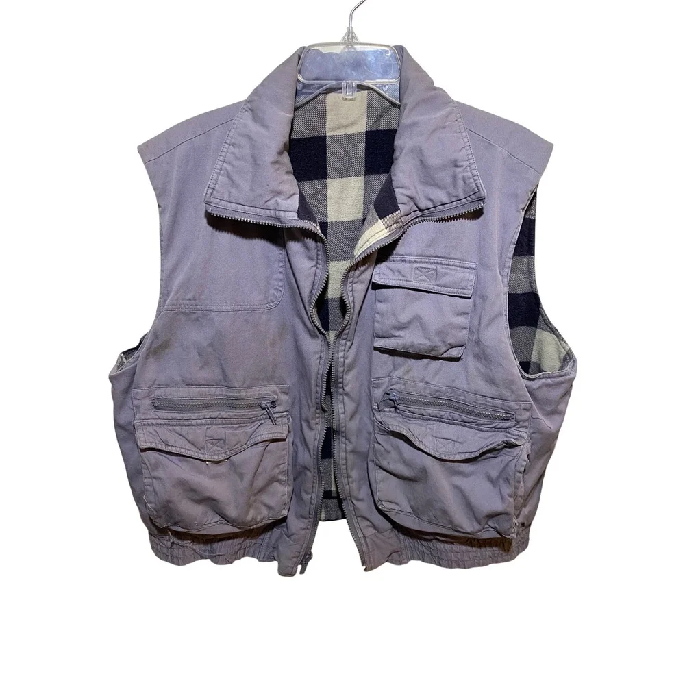 Woodland Reversible Utility Vest Mens XL Grey Twill Buffalo Plaid Flannel Pocket
